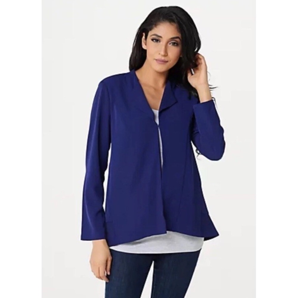 LOGO‎ by Lori Goldstein Tricotine Open Front Blazer Med Ruffle Back Royal Blue